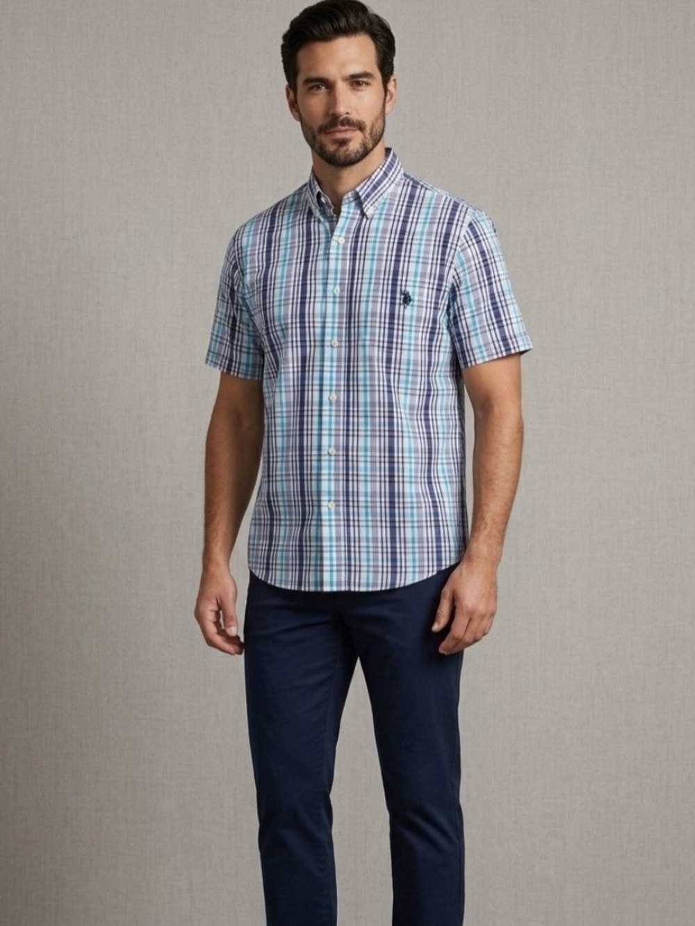 U.S. Polo Assn. Short-Sleeve Plaid Button-Down Shirt - Men's Size M